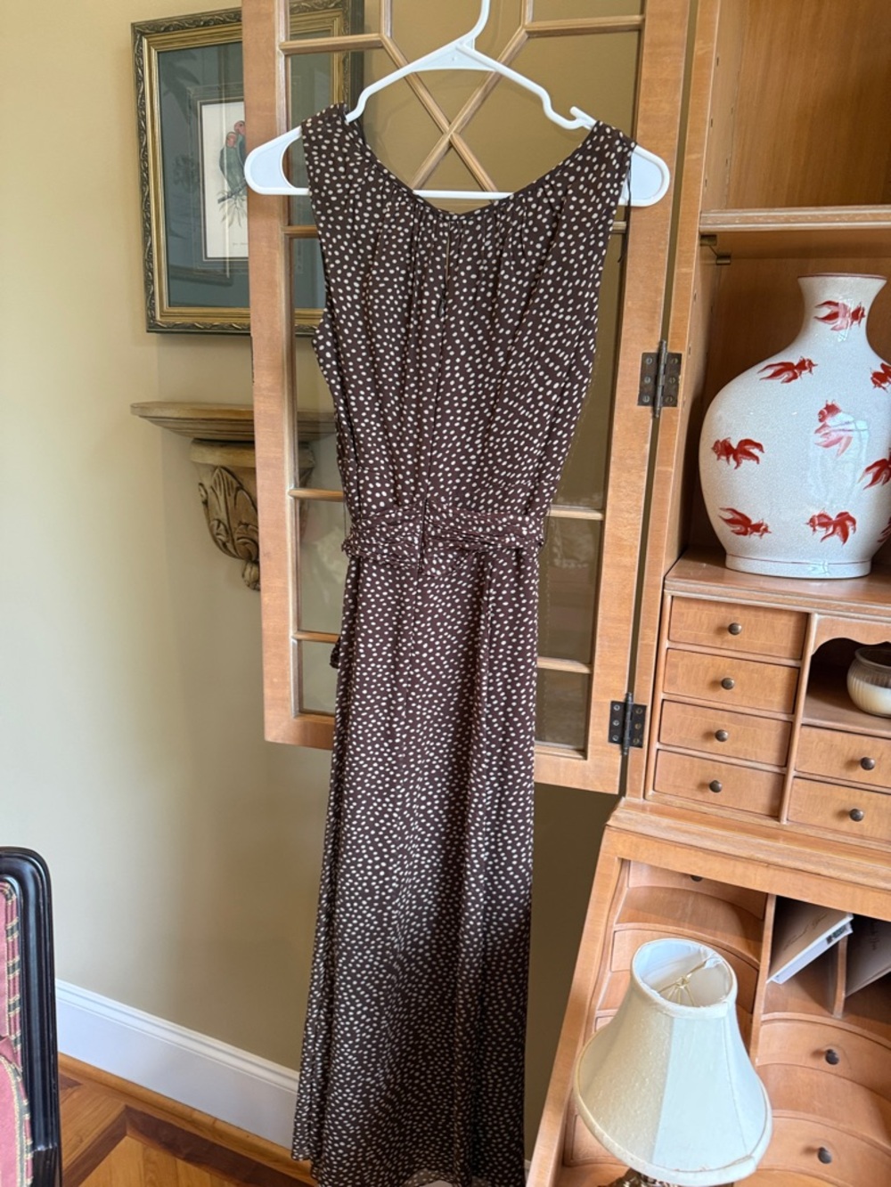 Sleeveless Brown Polka Dot Tie-Waist Maxi Dress - Picture 2 of 9